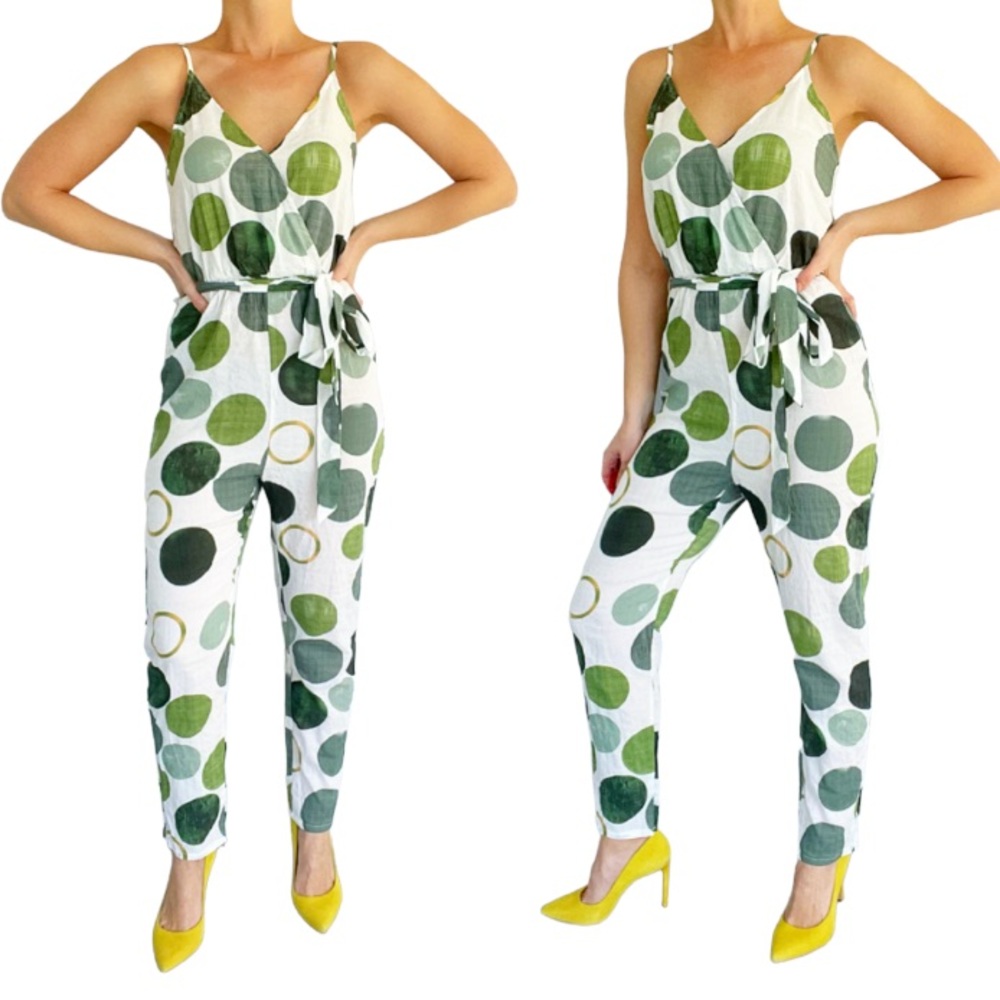 SHEIN green geometric print cropped surplice spaghetti strap jumpsuit size XS